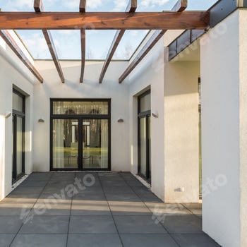 Modern outdoor patio with pergola