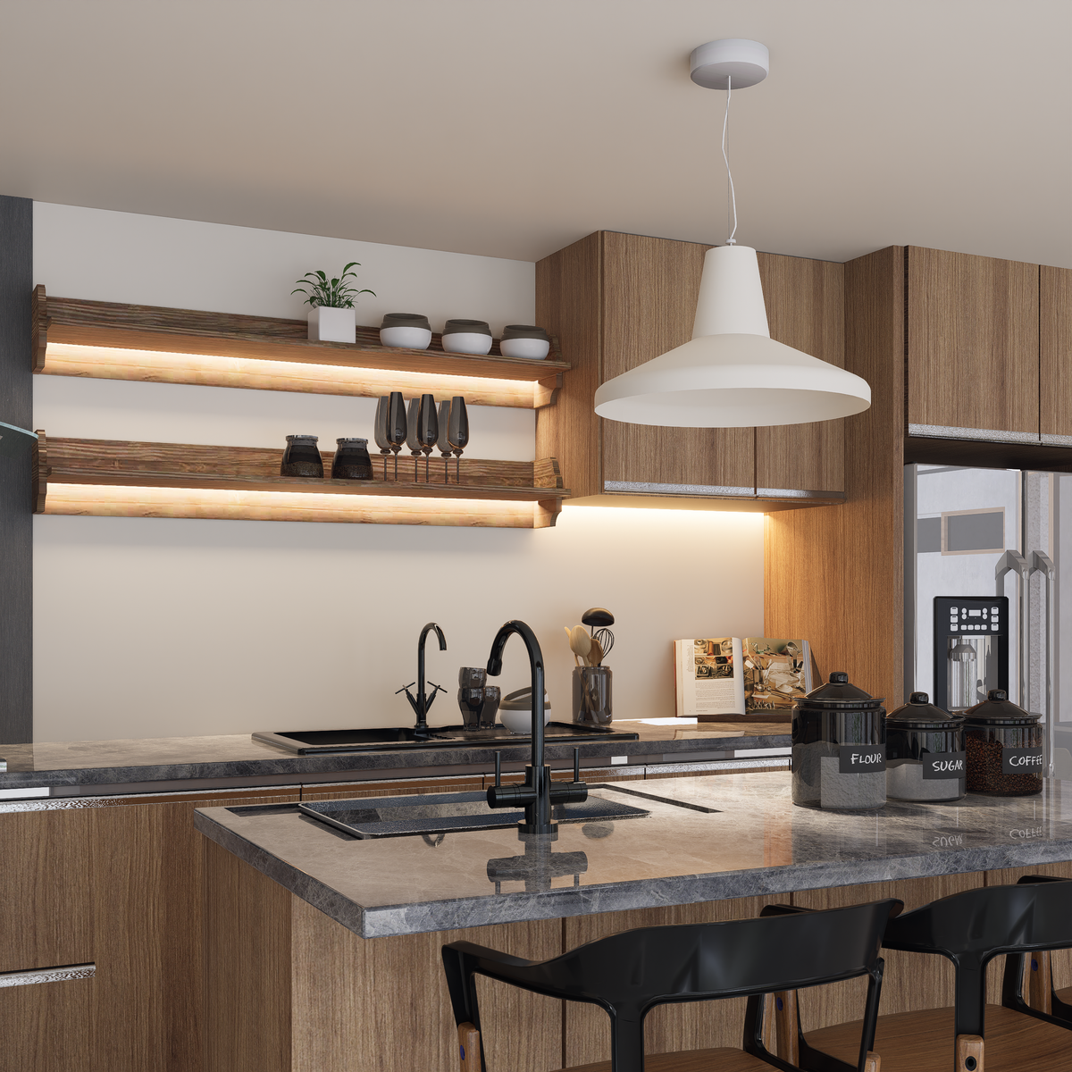 Projet de cuisine sur mesure avec armoires en bois, étagères ouvertes et éclairage soigné