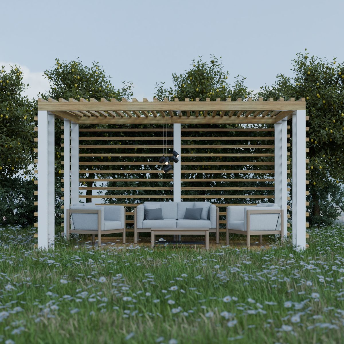 Pergola extérieure avec sièges nichée dans un jardin luxuriant, espace détente abrité du soleil
