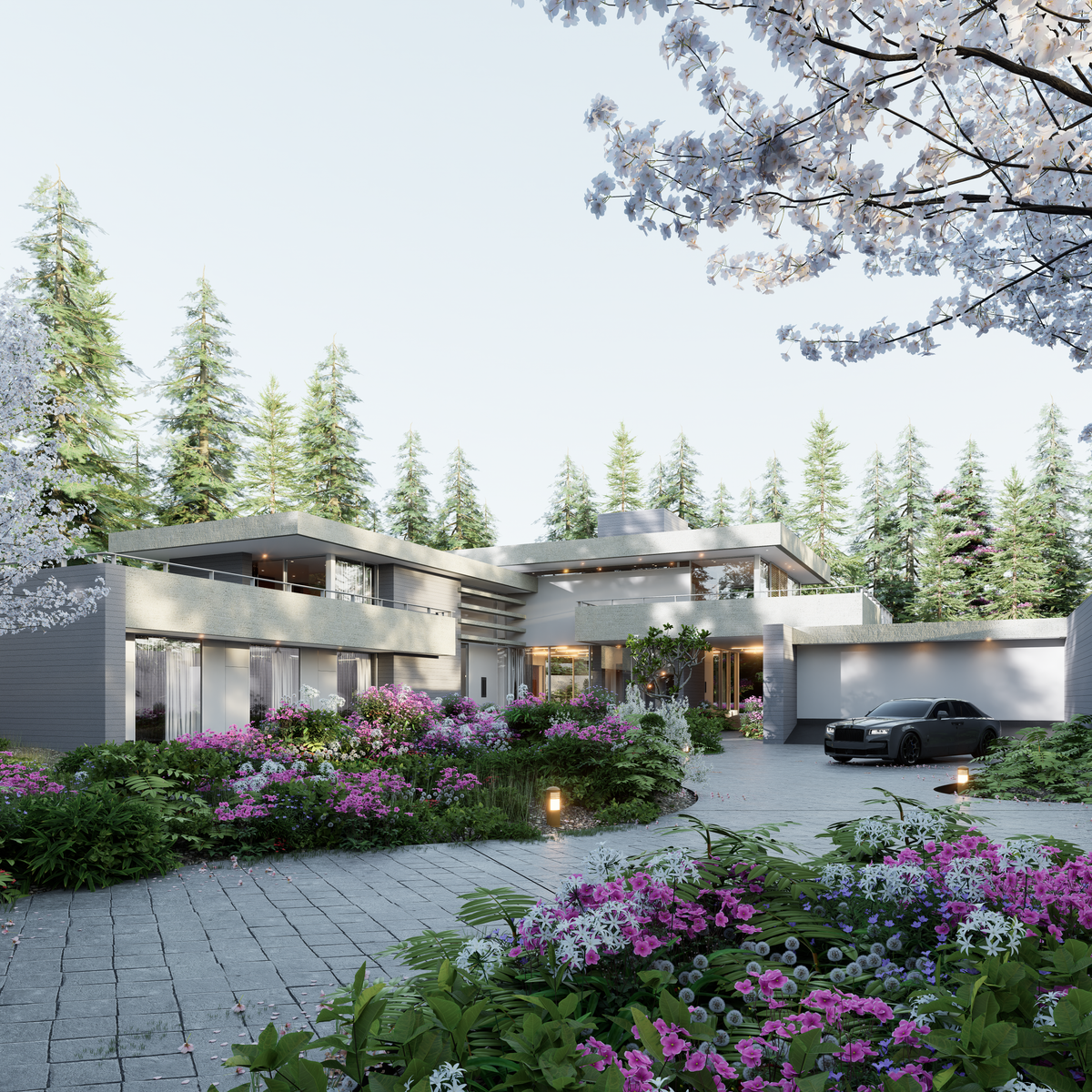 Villa contemporaine entourée d'arbres avec façade moderne et accès garage en environnement boisé