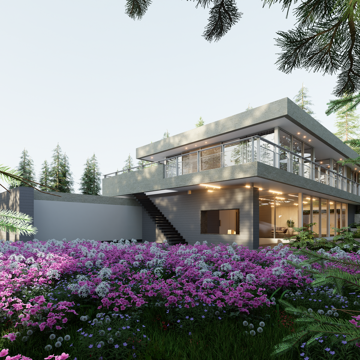 Villa moderne avec terrasse couverte entourée de fleurs colorées et de forêt en moyenne montagne
